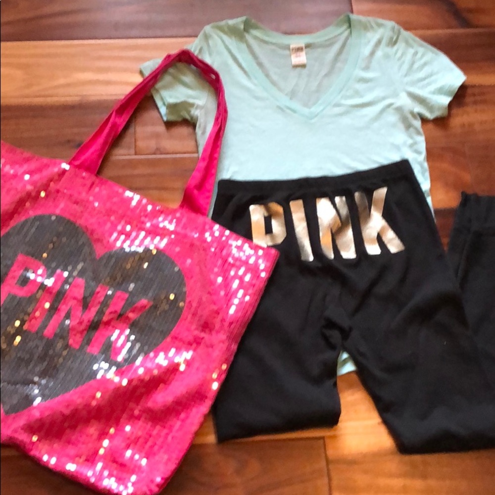 FINAL PRICE Pink VS sleepwear and sequined tote